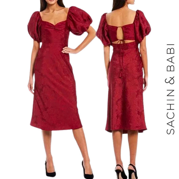 Sachin & Babi Gabby 80s-Inspired Puff Sleeve Cut-Out Tie Back Midi Dress 10 - Picture 14 of 14